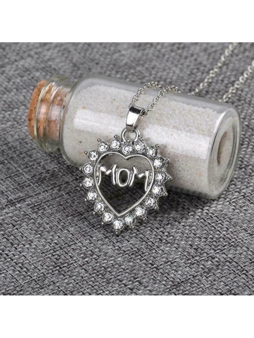 Silver 'MOM' Heart Pendant Necklace with Crystal Halo